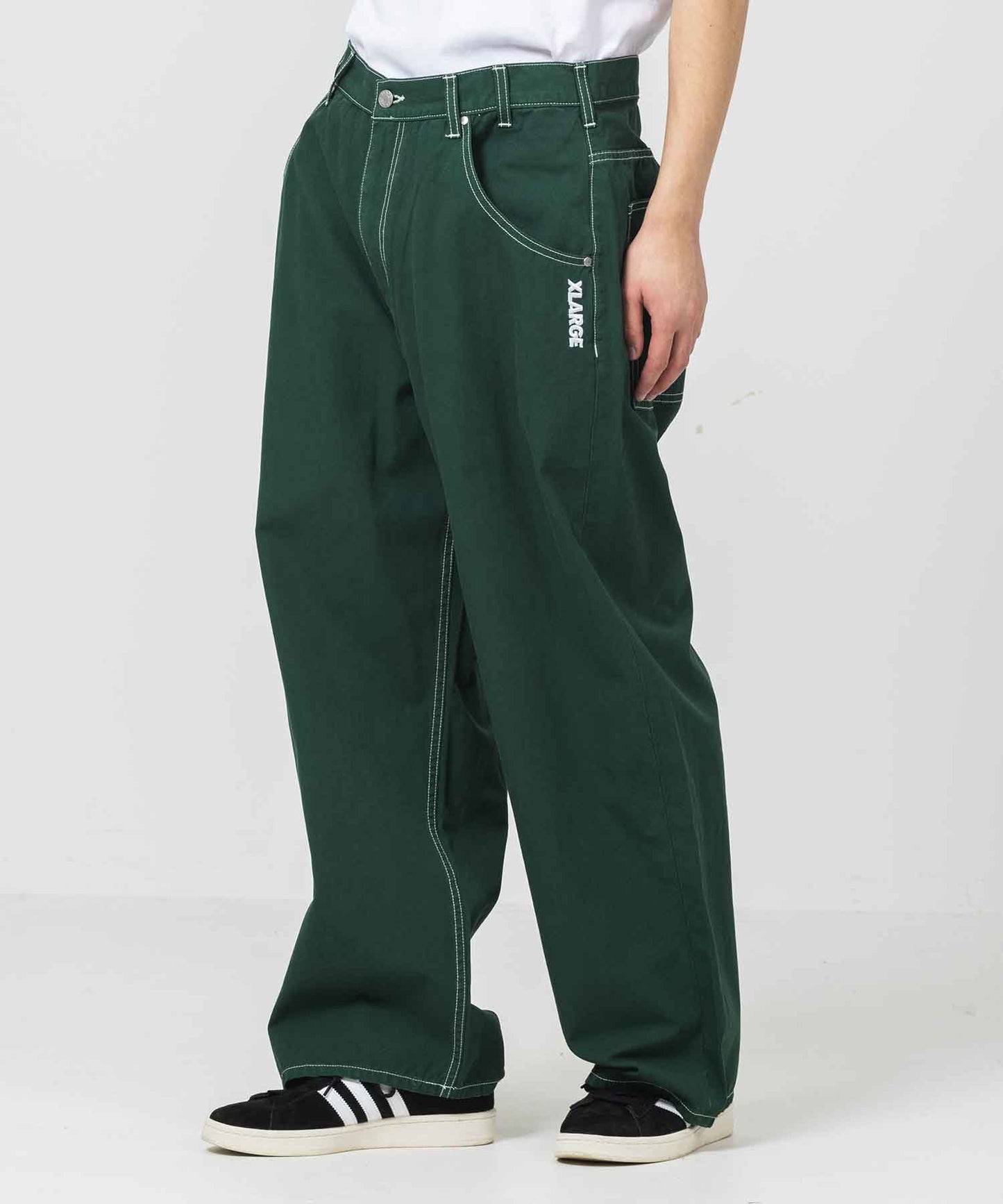 CONTRAST STITCH LEATHER PATCHED PANTS