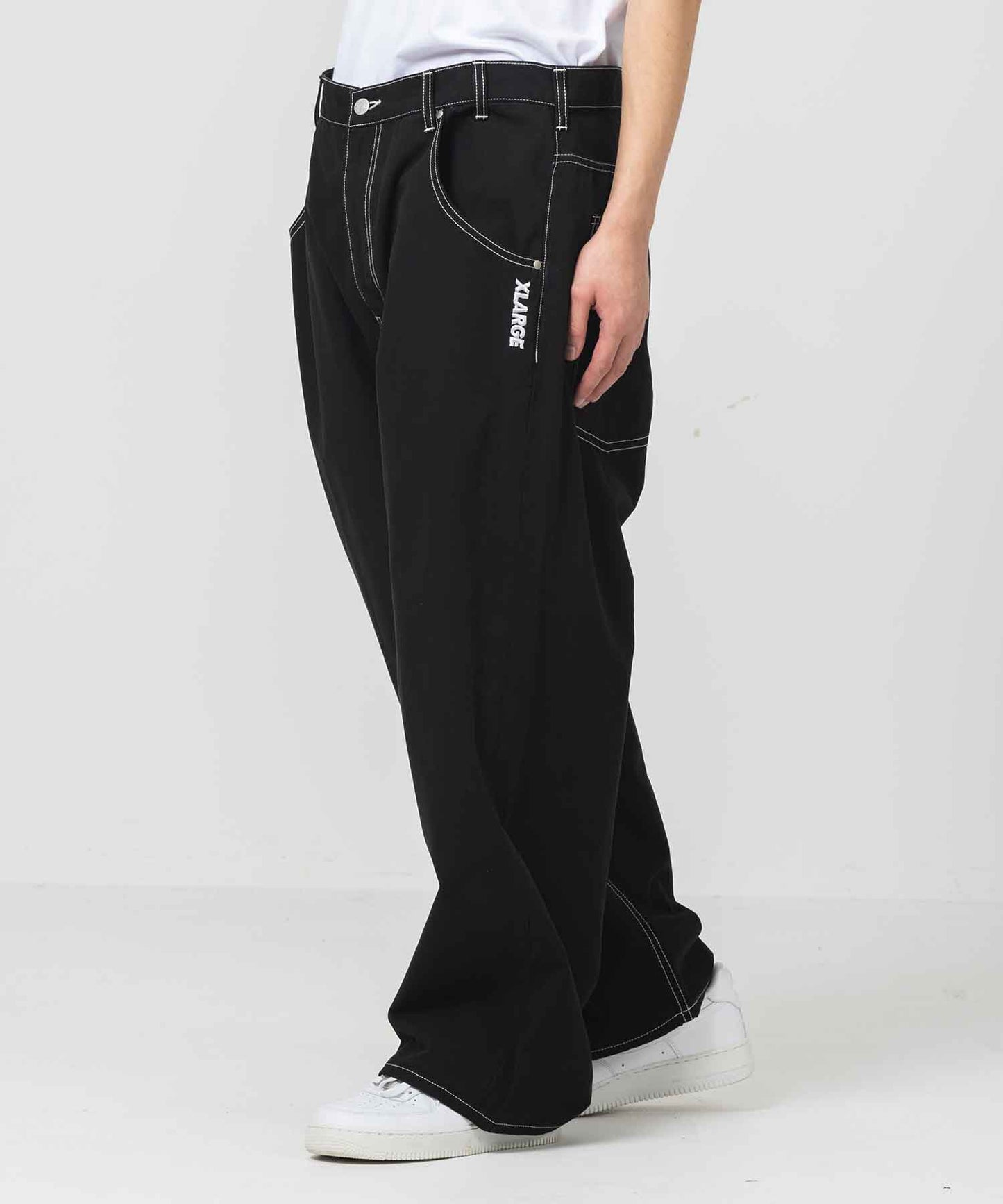 CONTRAST STITCH LEATHER PATCHED PANTS