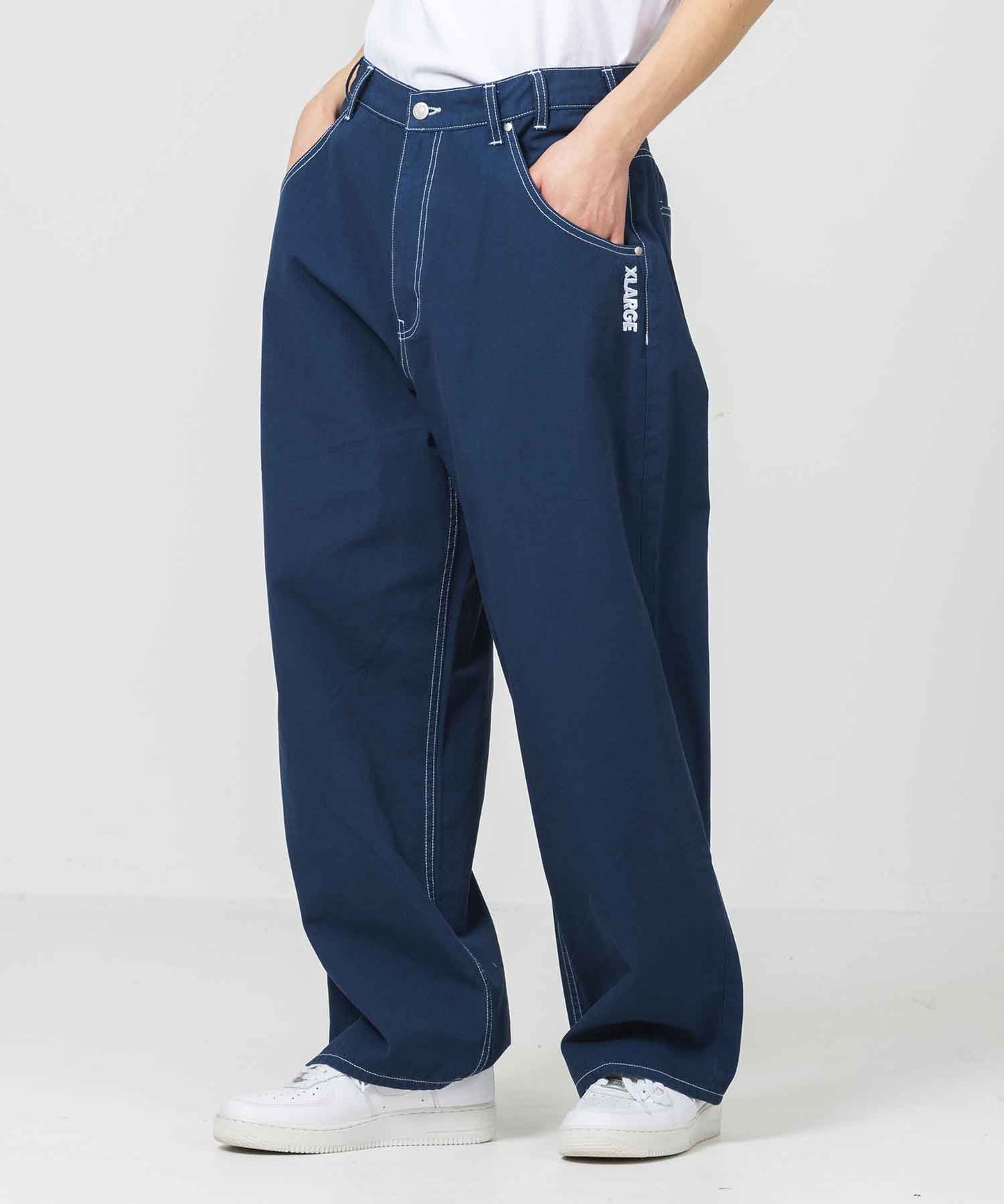 CONTRAST STITCH LEATHER PATCHED PANTS